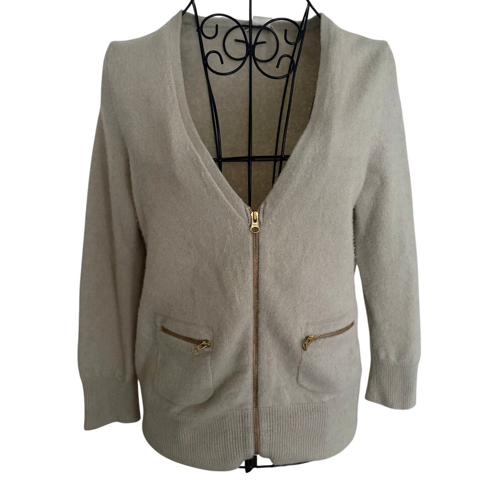 J Crew 100% Cashmere Zip Front Cardigan Sweater V Neck Fluffy Pastel Grey